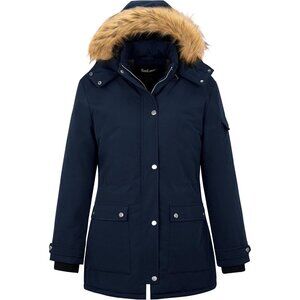Women's Navy Winter Plus Size Waterproof Thicken Puffer Coat With Faux Fur Hood
